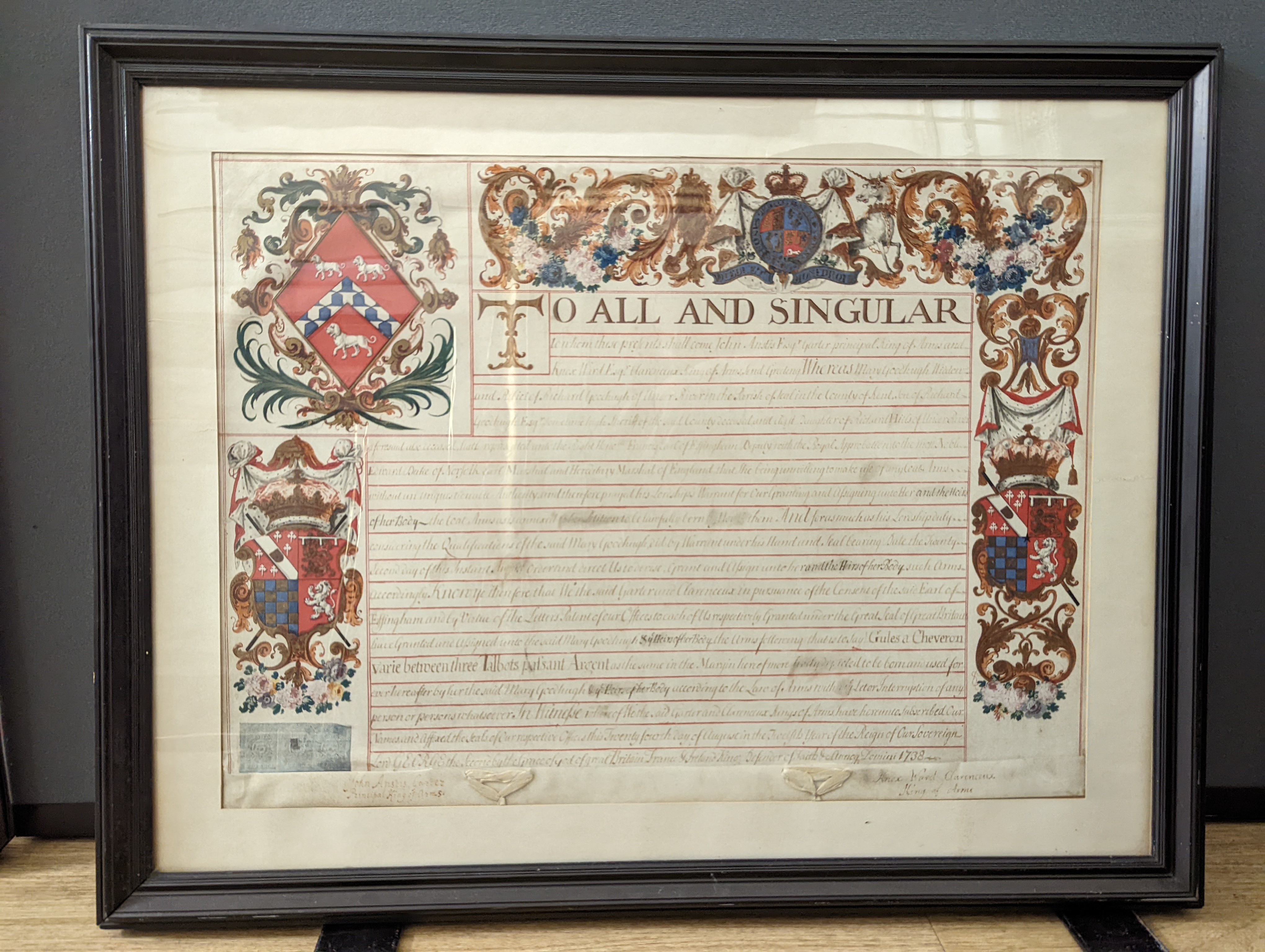 An 18th century illuminated parchment grant of arms, Duke of Norfolk 1738, 40 x 21cm